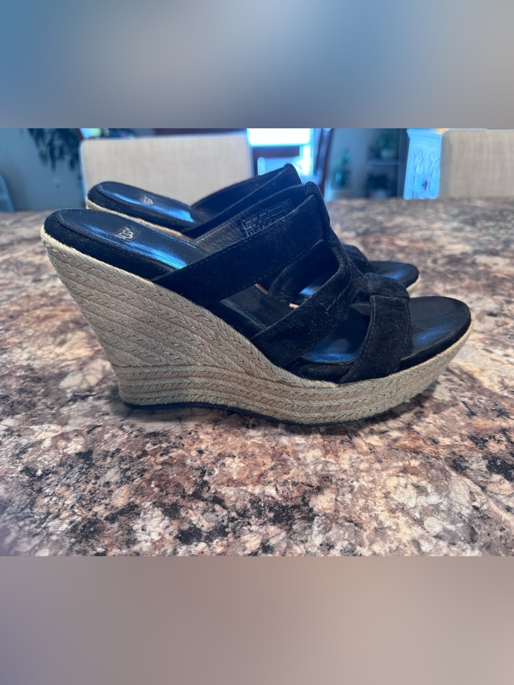 UGG Black Suede Espadrille Wedge Sandals